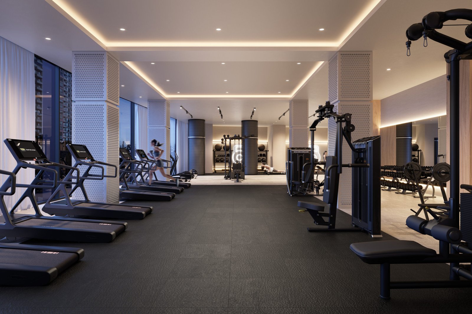 Modern Sg Homes gym interior with treadmills, weights, and exercise equipment; featuring ambient lighting and clean design. One person visible, using equipment in the background.