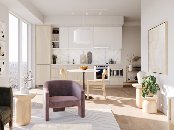 A modern kitchen in new condos with beige cabinets and a white marble backsplash. The open space features a round dining table, purple and green armchairs, and large windows with urban views. Bright