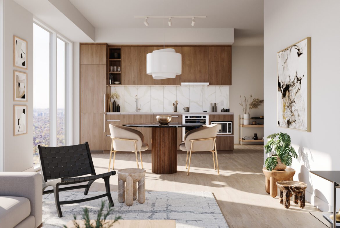 Modern kitchen in New homes in Gta with wooden cabinets, a central island with a black cooktop and beige chairs, white pendant light, large windows, and tasteful wall art.