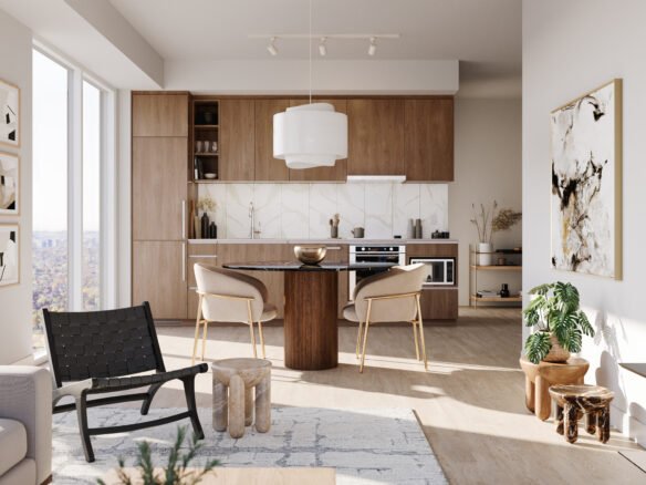 Modern kitchen in New homes in Gta with wooden cabinets, a central island with a black cooktop and beige chairs, white pendant light, large windows, and tasteful wall art.