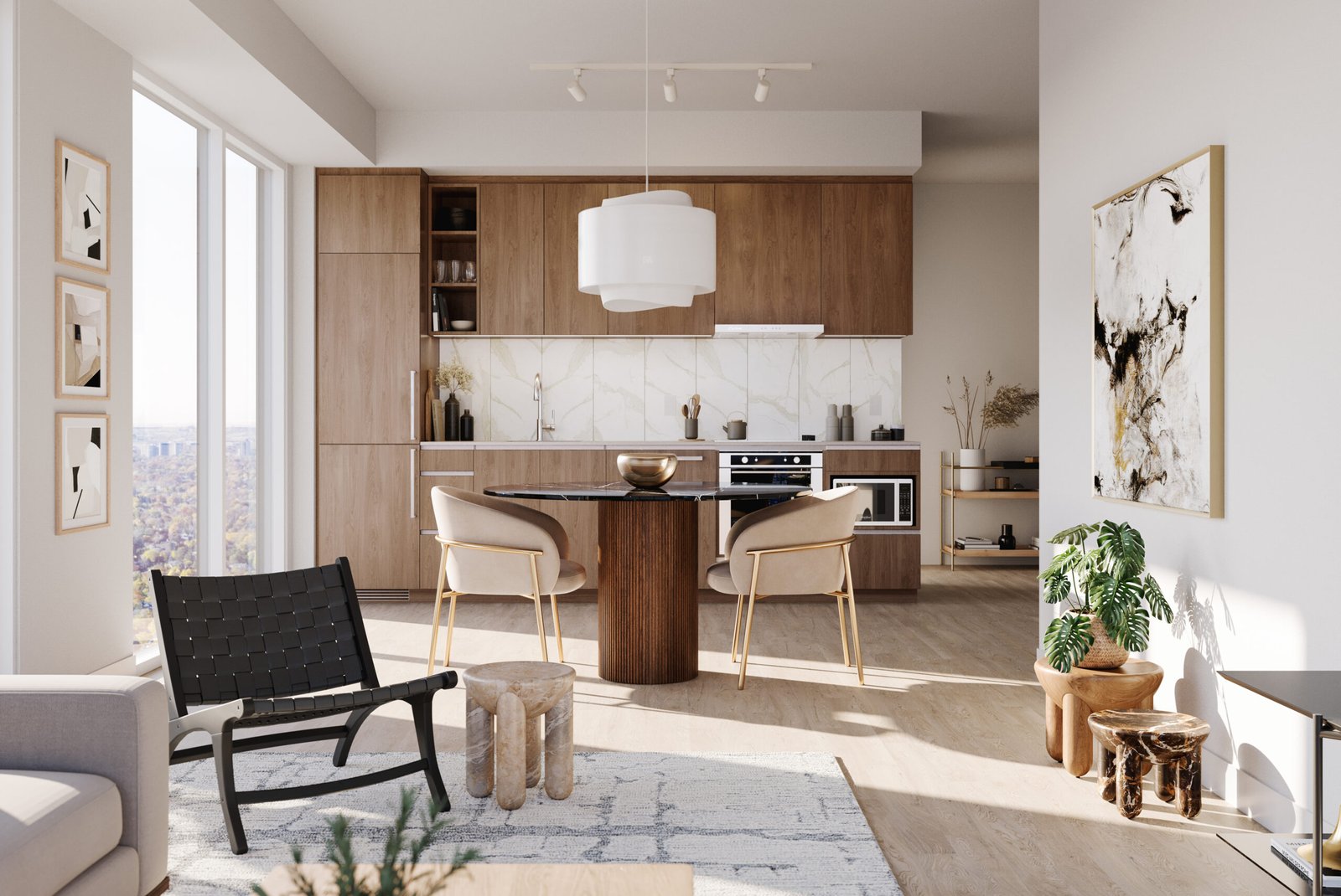 Modern kitchen in New homes in Gta with wooden cabinets, a central island with a black cooktop and beige chairs, white pendant light, large windows, and tasteful wall art.
