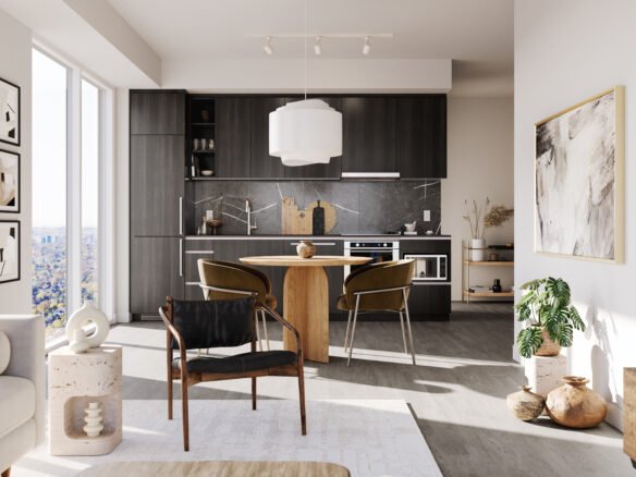 A modern kitchen with dark wood cabinets, a central island, and two leather chairs in one of the new homes in GTA. Sunlight streams in through large windows with a city view. Decor includes framed