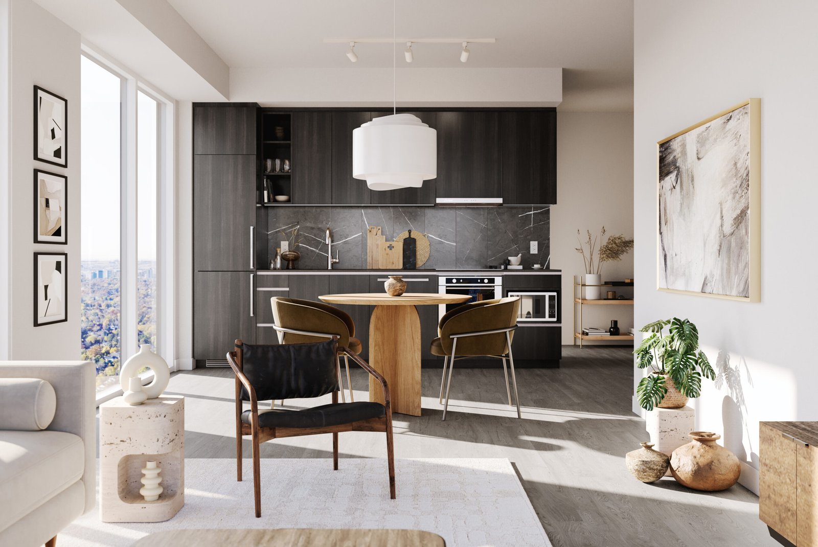 A modern kitchen with dark wood cabinets, a central island, and two leather chairs in one of the new homes in GTA. Sunlight streams in through large windows with a city view. Decor includes framed