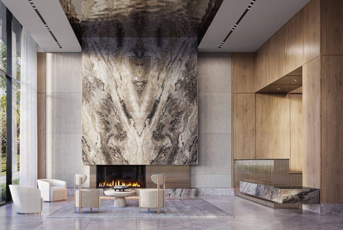 A modern, luxurious lobby at Kipling Station Condos features a grand marble fireplace surrounded by light wood paneling. Four light-colored armchairs encircle a small round table. Floor-to-ceiling windows let in natural light, illuminating the spacious and elegantly designed area.