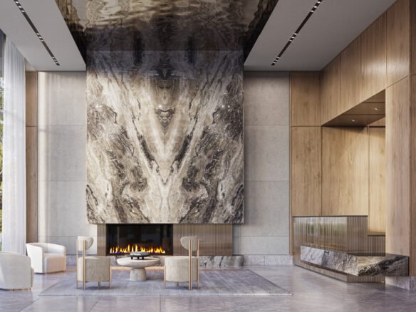 A modern, luxurious lobby at Kipling Station Condos features a grand marble fireplace surrounded by light wood paneling. Four light-colored armchairs encircle a small round table. Floor-to-ceiling windows let in natural light, illuminating the spacious and elegantly designed area.