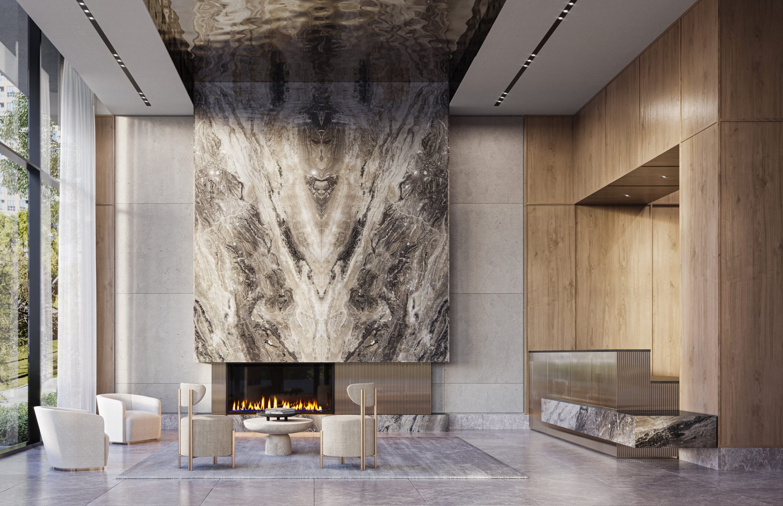 A modern, luxurious lobby at Kipling Station Condos features a grand marble fireplace surrounded by light wood paneling. Four light-colored armchairs encircle a small round table. Floor-to-ceiling windows let in natural light, illuminating the spacious and elegantly designed area.