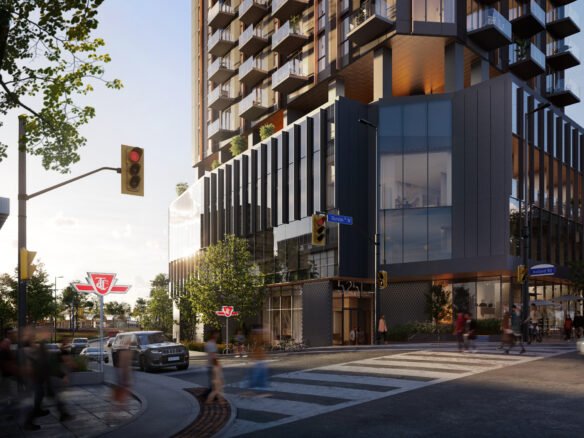 A vibrant street scene at dusk featuring a modern multi-story building with illuminated windows, pedestrians crossing the street, and blurred motion of cars. Trees line the sidewalk where signs for New Condos are visible.