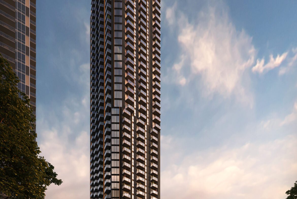 A tall modern skyscraper with multiple balconies, identified as Sg Homes, stands against a dusk sky, surrounded by trees and a few people on a city street.