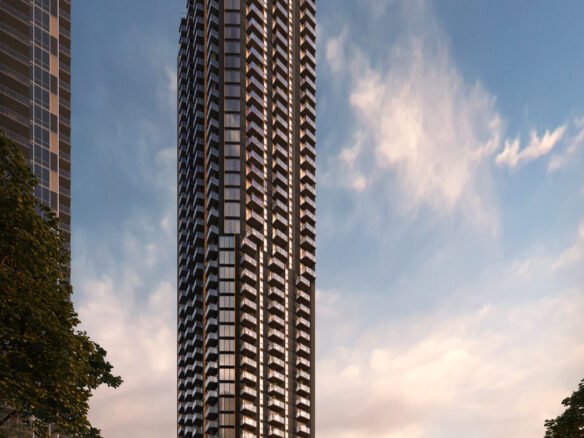 A tall modern skyscraper with multiple balconies, identified as Sg Homes, stands against a dusk sky, surrounded by trees and a few people on a city street.