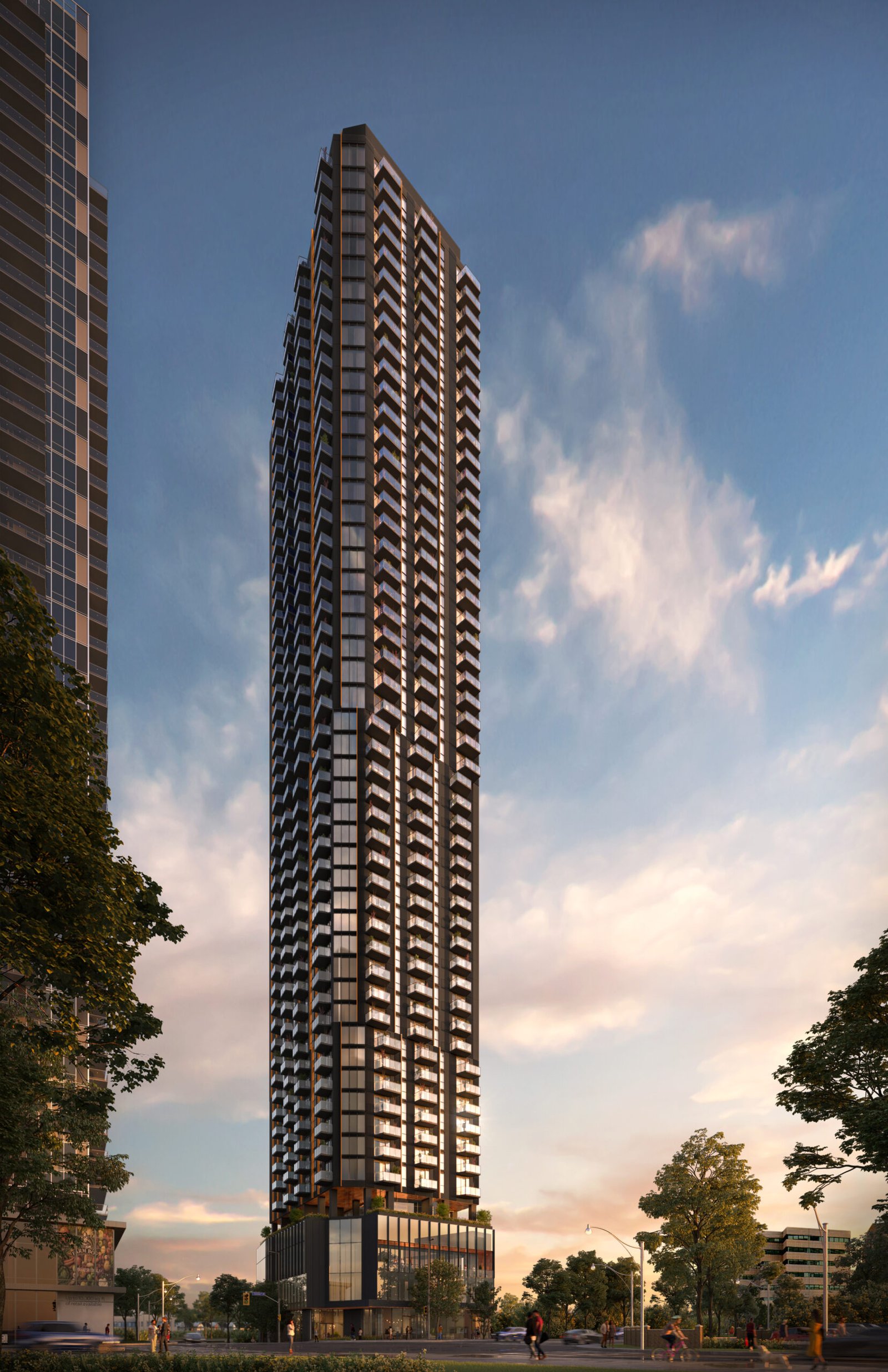 A tall modern skyscraper with multiple balconies, identified as Sg Homes, stands against a dusk sky, surrounded by trees and a few people on a city street.
