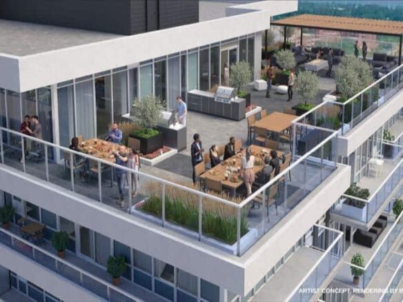 Artist's concept of a modern apartment building's outdoor terrace in new homes in GTA. It features people dining and socializing at tables and standing by the railing. The terrace is furnished with greenery, potted plants, and a pergola-covered seating area, offering scenic city views.