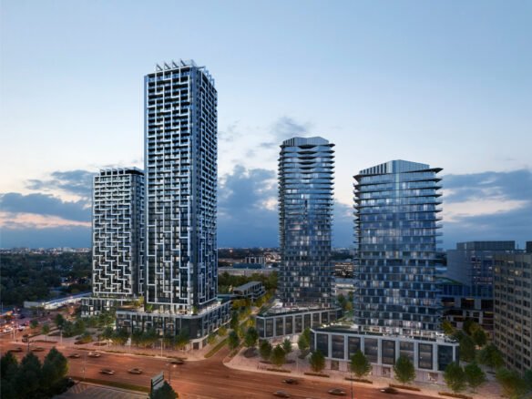 An artist's rendering of the new condos in Gta at dusk.