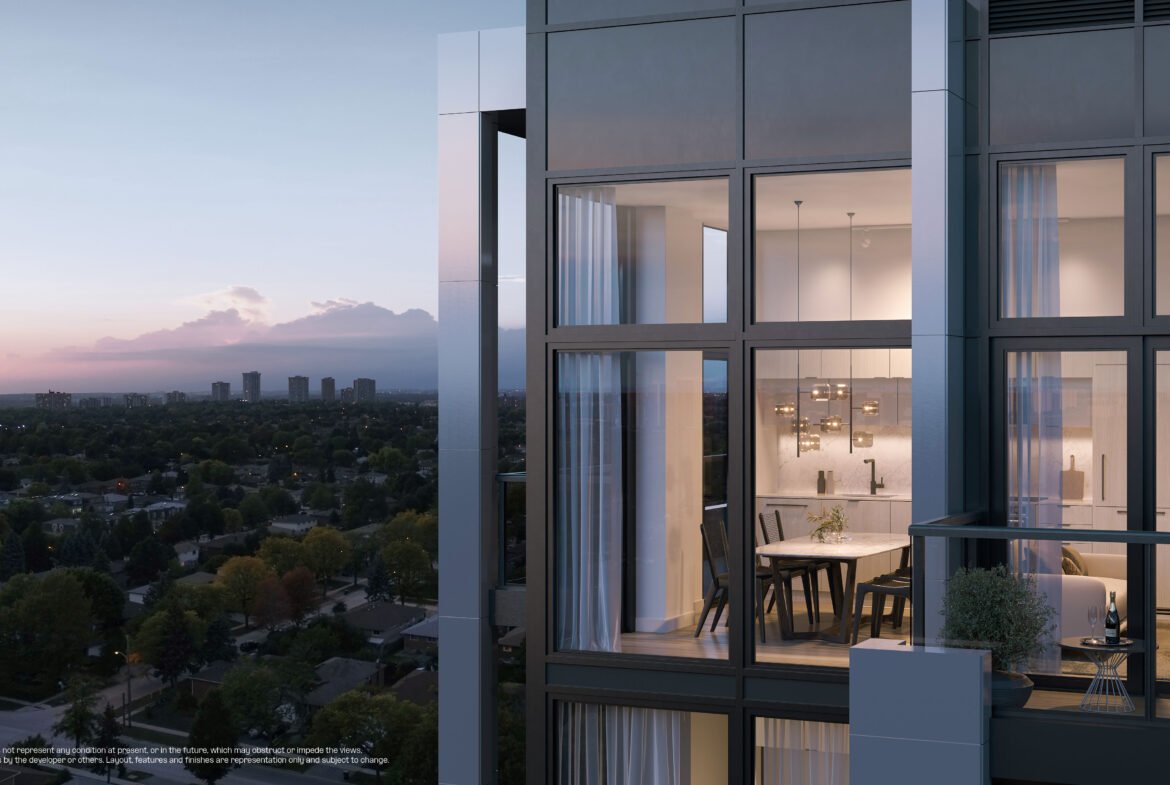 A pre-construction building with a view of a city.