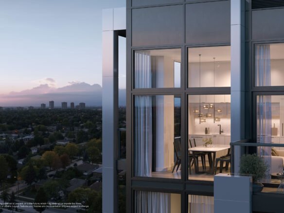 A pre-construction building with a view of a city.