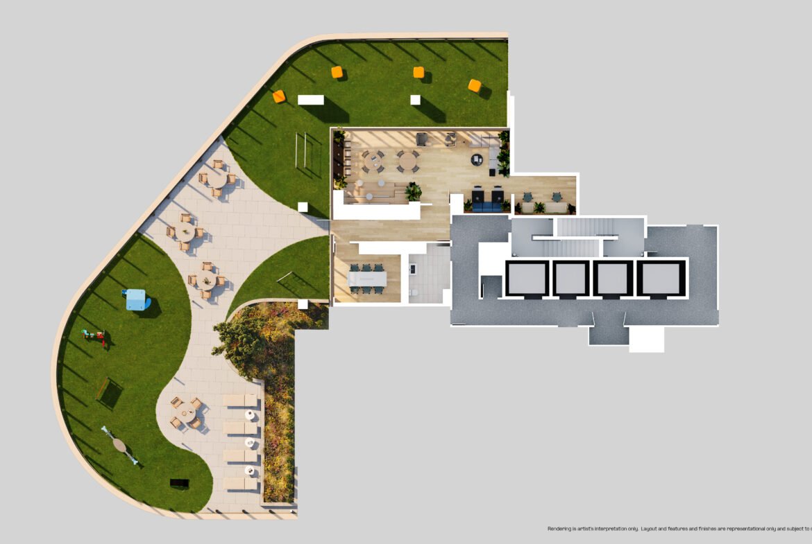A floor plan of a new apartment with a swimming pool.