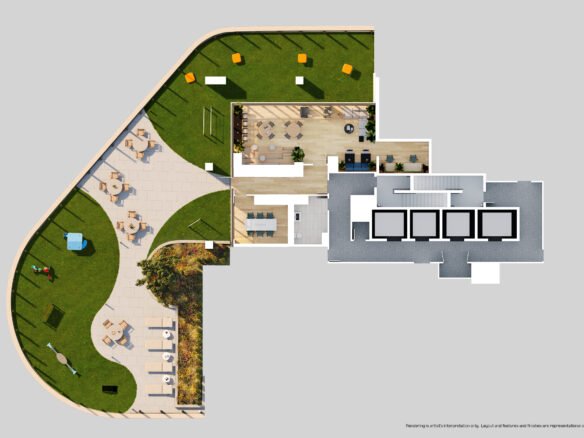 A floor plan of a new apartment with a swimming pool.