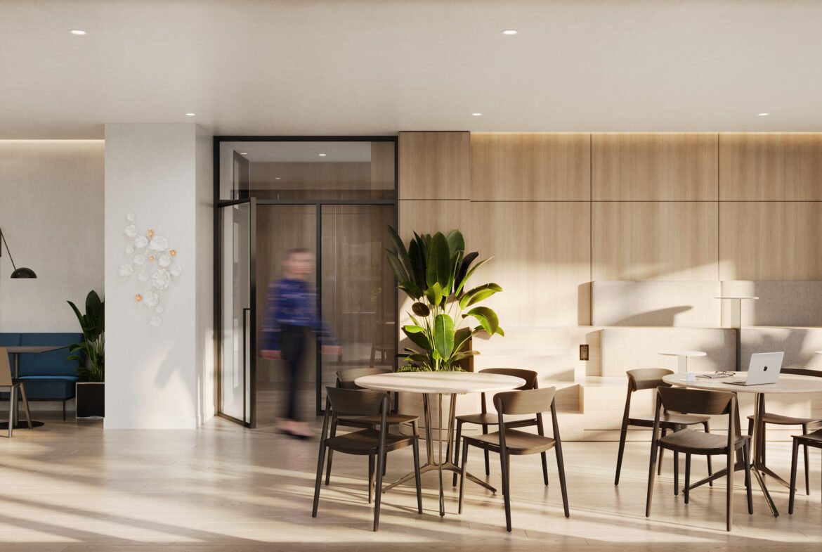 A rendering of the lobby of a new modern office building.