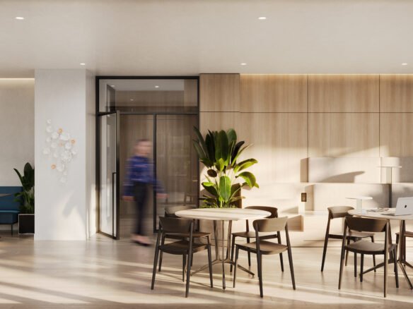A rendering of the lobby of a new modern office building.