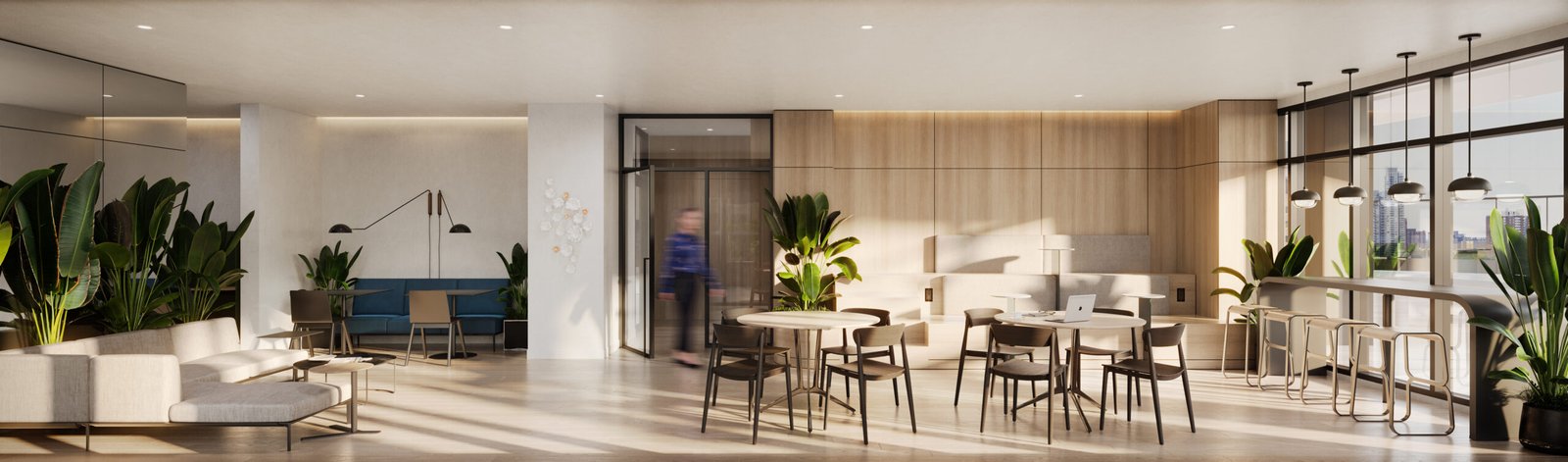 A rendering of the lobby of a new modern office building.