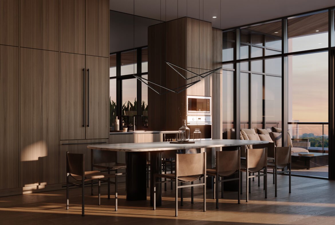 3d rendering of a modern kitchen in New homes with a view of the city.