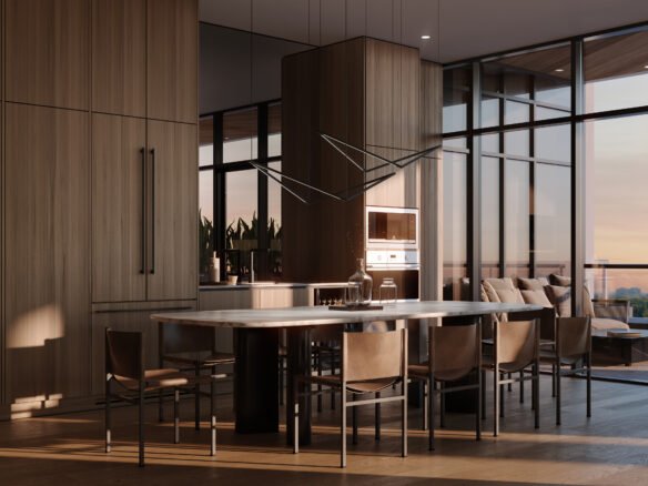 3d rendering of a modern kitchen in New homes with a view of the city.
