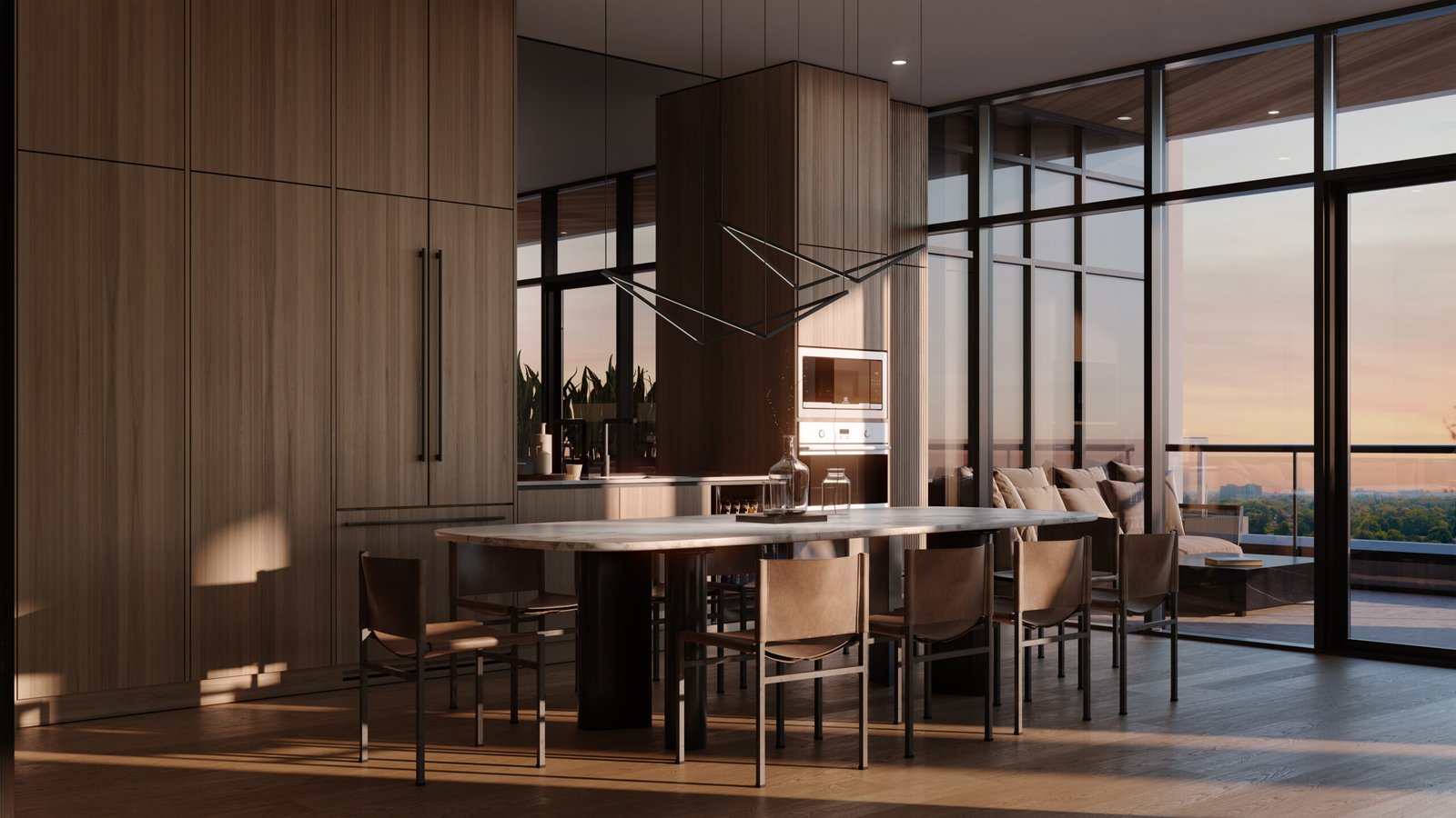 3d rendering of a modern kitchen in New homes with a view of the city.