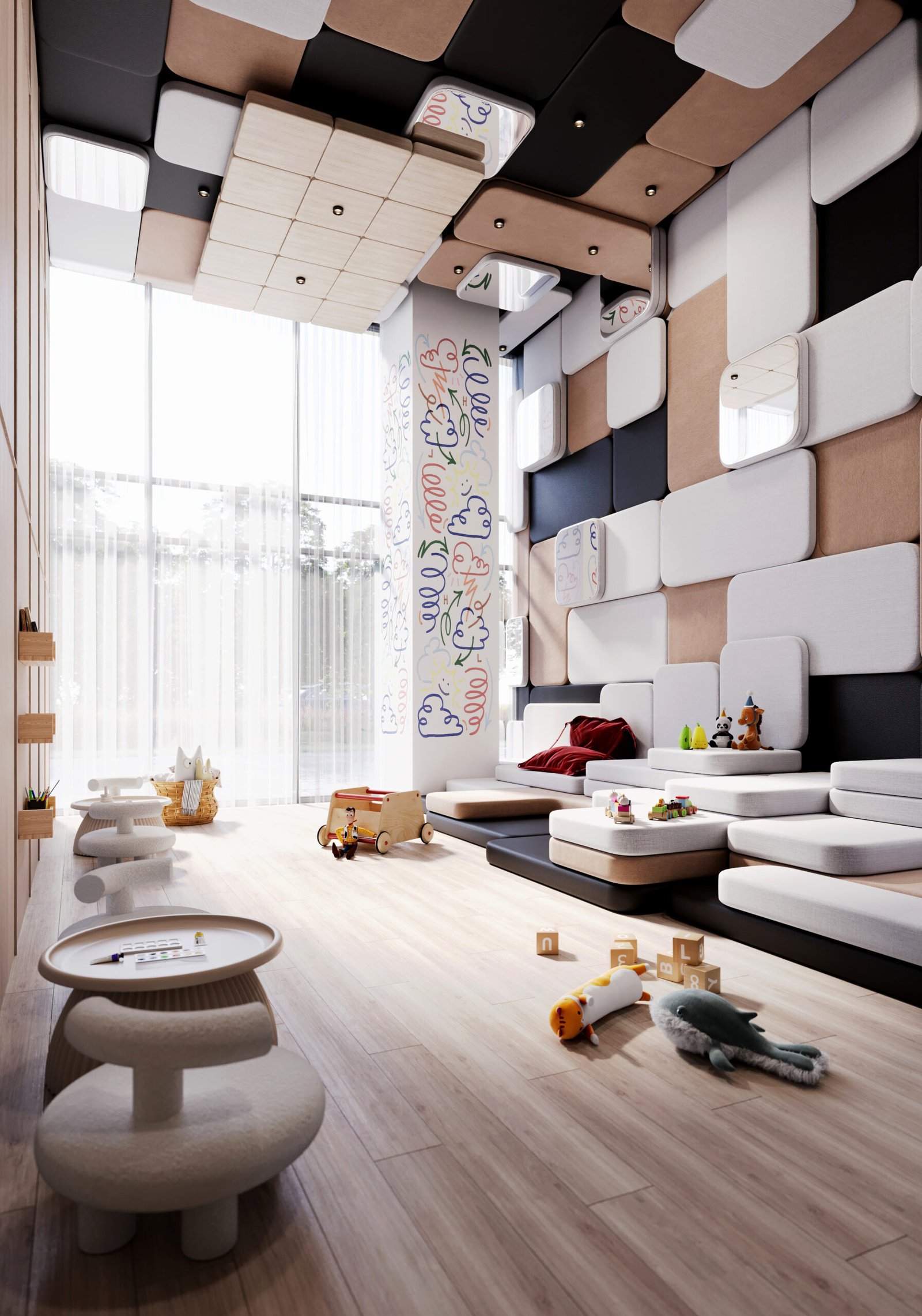 A modern LSQ 2 playroom with a high ceiling, featuring padded wall panels in various shades of beige, black, and white. The room has a large window with sheer curtains, a cushioned seating area, small tables, toys scattered on the floor, and wall doodles.
