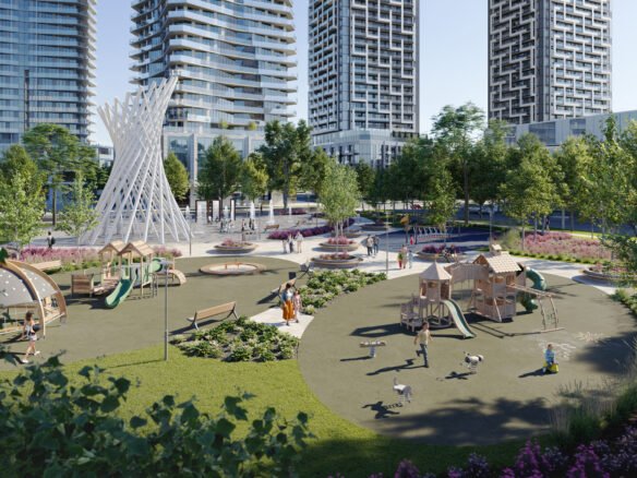 A bustling urban park with children playing on modern playground equipment among vibrant green spaces, surrounded by tall residential buildings under a clear blue sky, close to New homes in Gta.