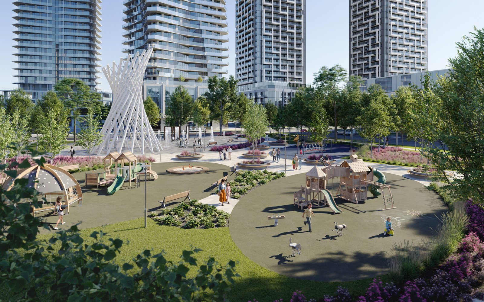 A bustling urban park with children playing on modern playground equipment among vibrant green spaces, surrounded by tall residential buildings under a clear blue sky, close to New homes in Gta.