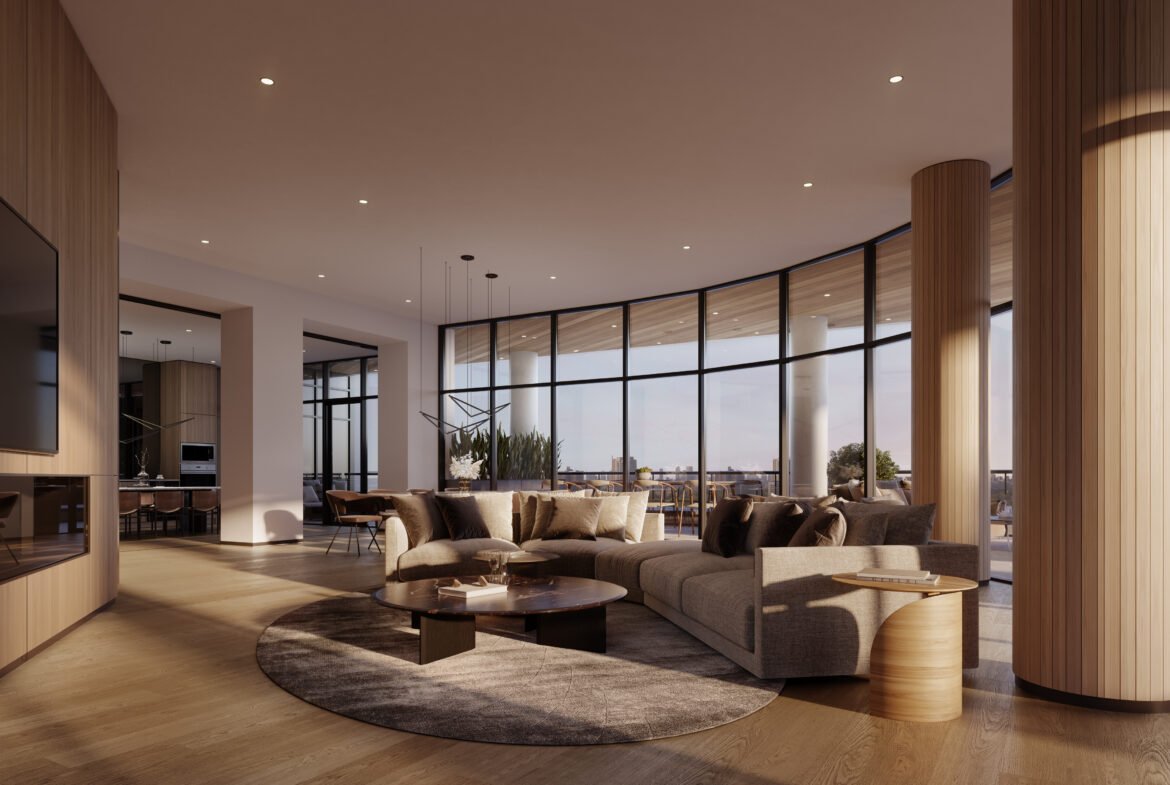 Modern living room in new condos with large windows offering a city view, featuring a neutral color scheme, comfortable seating, and a central fireplace. Soft lighting and wooden accents create a warm atmosphere.
