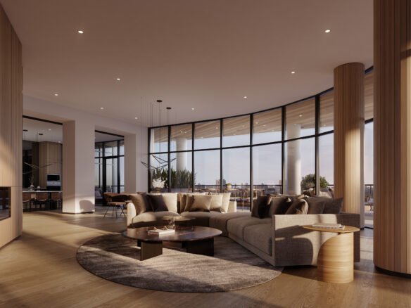 Modern living room in new condos with large windows offering a city view, featuring a neutral color scheme, comfortable seating, and a central fireplace. Soft lighting and wooden accents create a warm atmosphere.