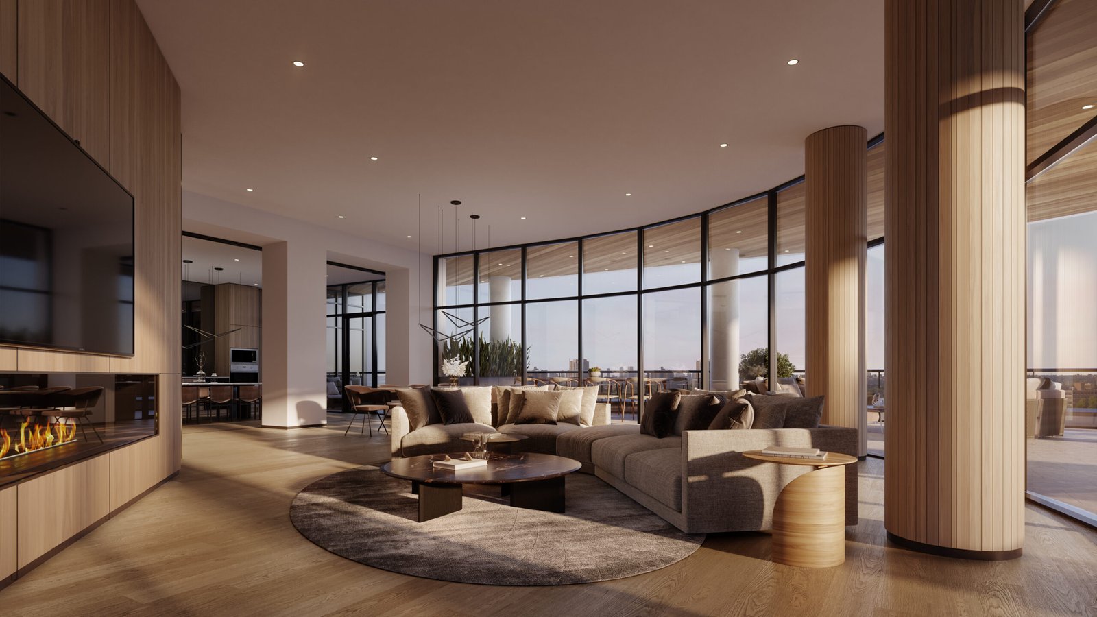 Modern living room in new condos with large windows offering a city view, featuring a neutral color scheme, comfortable seating, and a central fireplace. Soft lighting and wooden accents create a warm atmosphere.