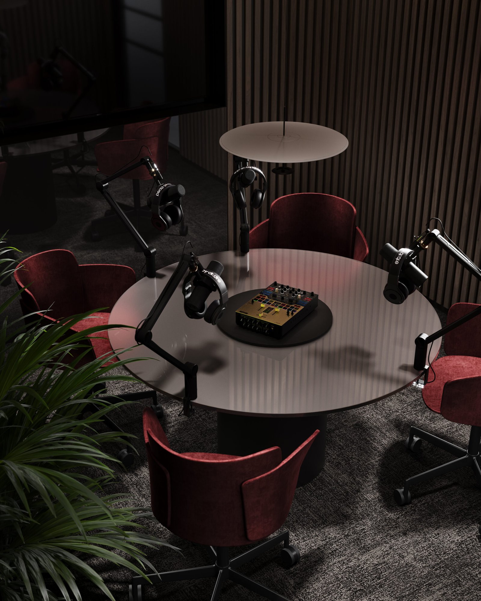A modern podcast studio featuring a round table with microphones and headphones set up on boom arms, surrounded by luxurious red chairs, and ambient lighting. Also ideal for New homes in Gta promotions or discussions