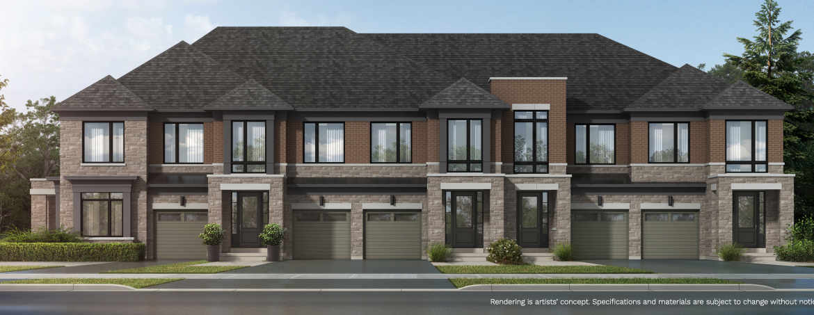 Digital rendering of a new townhouse complex with brick and stone facades. Each unit has large windows and double garage doors. Greenery surrounds the perimeter under a clear blue sky, offering a glimpse of pre-construction homes in the making.