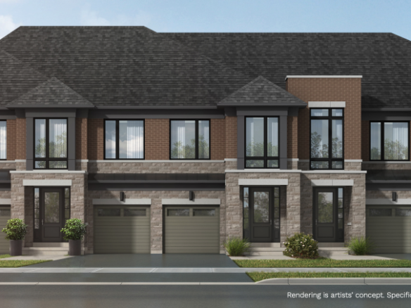 Digital rendering of a new townhouse complex with brick and stone facades. Each unit has large windows and double garage doors. Greenery surrounds the perimeter under a clear blue sky, offering a glimpse of pre-construction homes in the making.