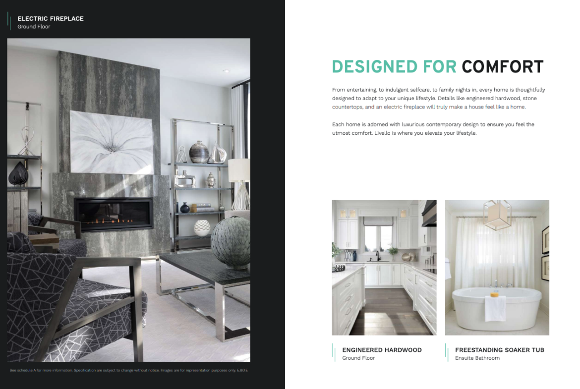 A modern living room with an electric fireplace and abstract artwork. The adjacent page highlights features like engineered hardwood and a freestanding soaker tub, emphasizing comfort and contemporary design—ideal for those exploring new condos in Brampton.