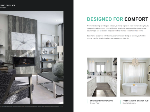 A modern living room with an electric fireplace and abstract artwork. The adjacent page highlights features like engineered hardwood and a freestanding soaker tub, emphasizing comfort and contemporary design—ideal for those exploring new condos in Brampton.