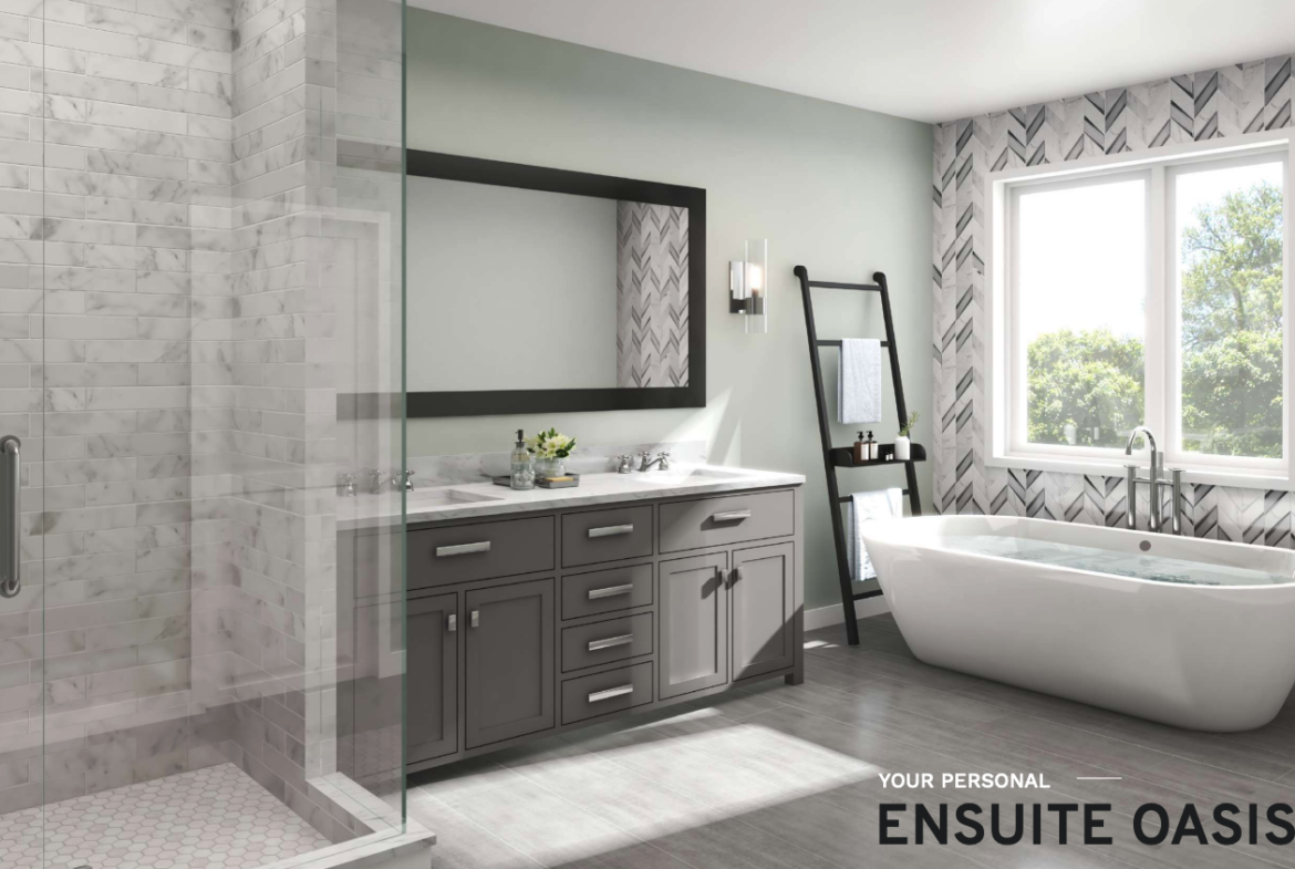 Step into your personal ensuite oasis in one of the stunning new homes, featuring a modern bathroom with a freestanding bathtub by a large window, a double-sink vanity with a spacious mirror, and a glass-enclosed shower. Light gray and white tones enhance the serene, spa-like ambiance.