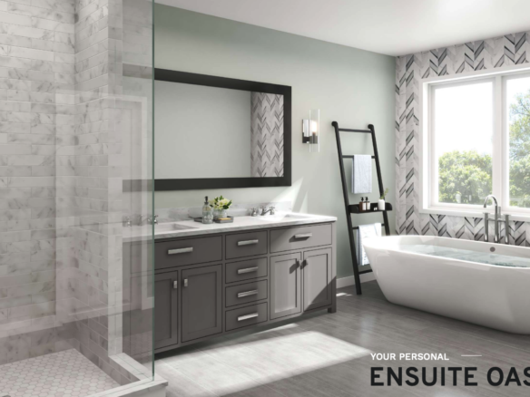 Step into your personal ensuite oasis in one of the stunning new homes, featuring a modern bathroom with a freestanding bathtub by a large window, a double-sink vanity with a spacious mirror, and a glass-enclosed shower. Light gray and white tones enhance the serene, spa-like ambiance.