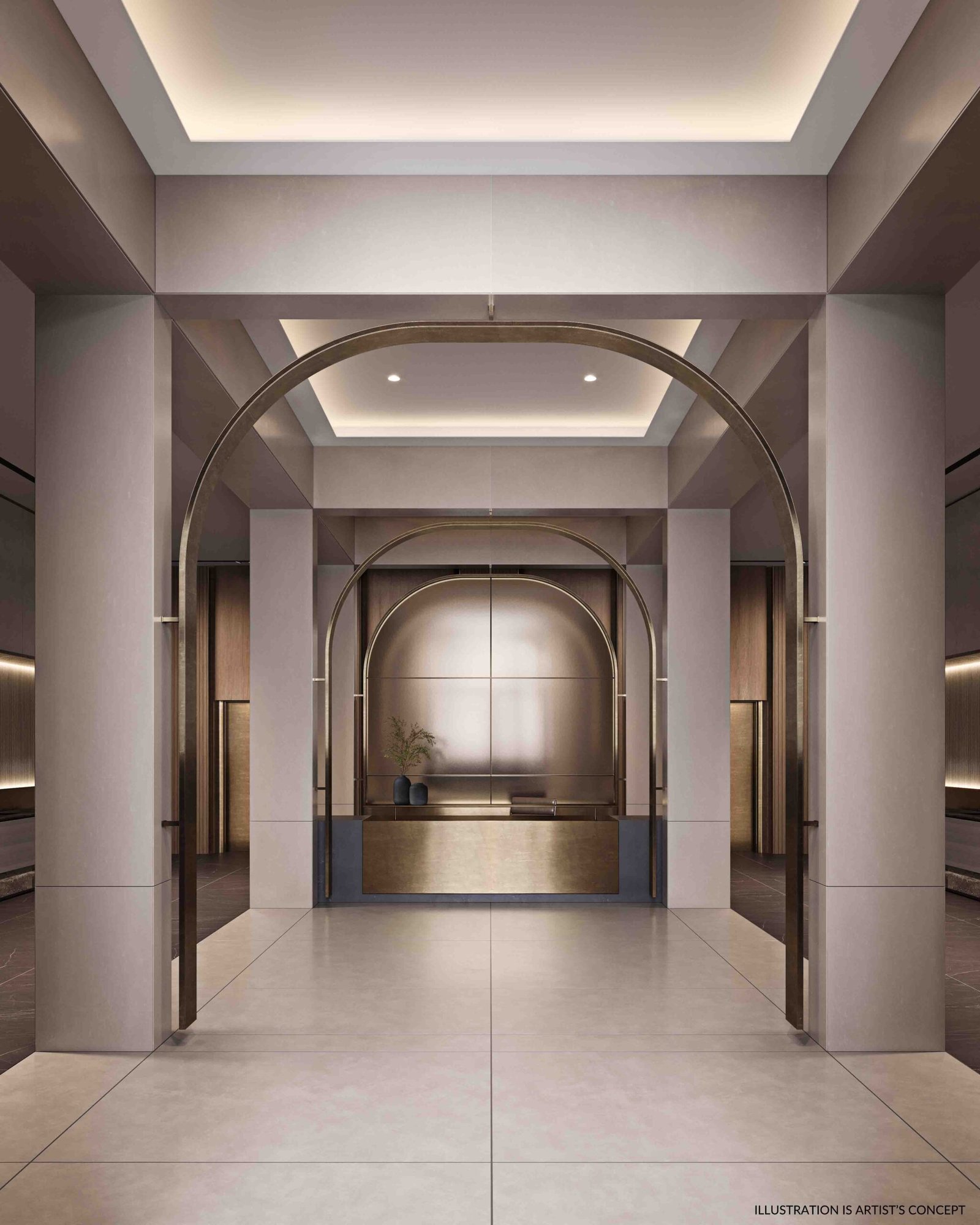 An artist's concept of pre-construction homes featuring a modern lobby with elegant archways, warm lighting, and a minimalist reception desk centered against a backdrop of potted plants and a decorative wall panel.