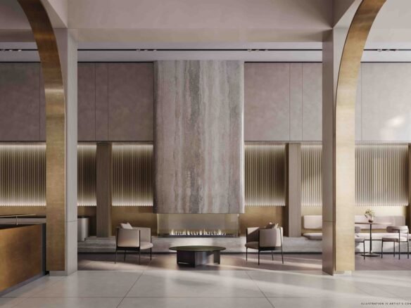 Modern hotel lobby with high ceilings, arched doorways, and elegant drapery; features a central fireplace, stylish seating areas, and a monolithic textured art piece. Ideal for new condos and
