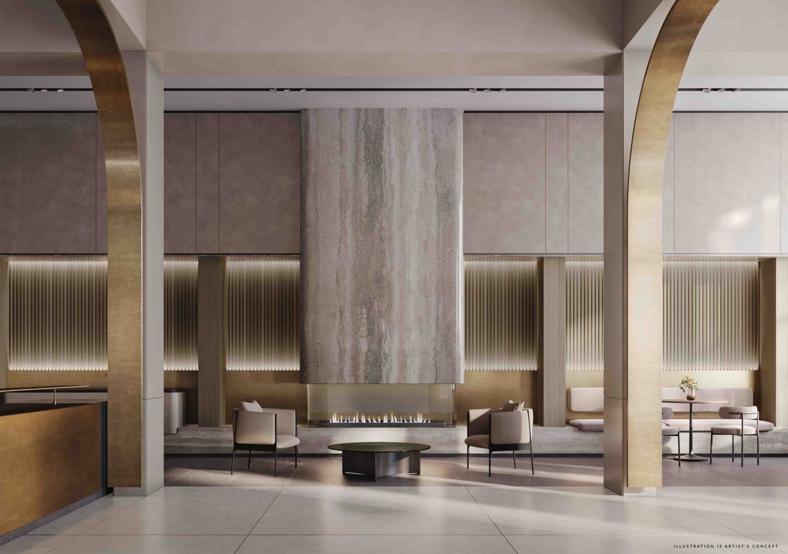 Modern hotel lobby with high ceilings, arched doorways, and elegant drapery; features a central fireplace, stylish seating areas, and a monolithic textured art piece. Ideal for new condos and