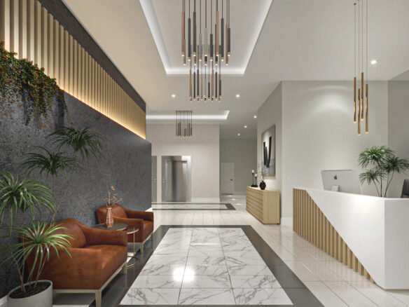 Modern hotel lobby with sleek marble floors, pendant lighting, a reception desk to the right, and a seating area with leather chairs and green plants. Nearby are new homes in GTA.