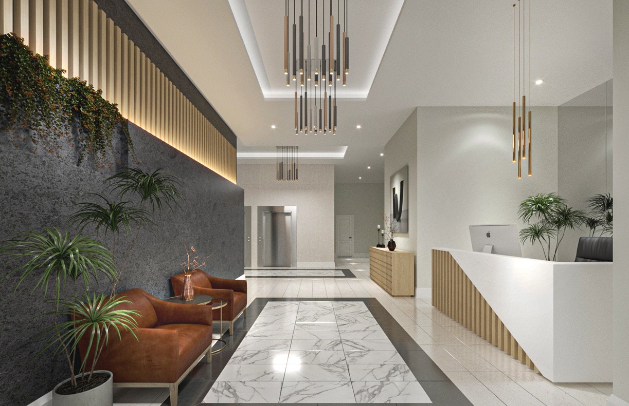 Modern hotel lobby with sleek marble floors, pendant lighting, a reception desk to the right, and a seating area with leather chairs and green plants. Nearby are new homes in GTA. Modern hotel lobby with sleek marble floors, pendant lighting, a reception desk to the right, and a seating area with leather chairs and green plants. Nearby are new homes in GTA.