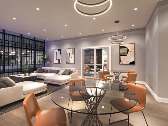 A modern apartment living area with a lounge section featuring a gray sofa, a dining area with a round glass table and orange chairs, and stylish circular ceiling lights. Large windows provide a city view.