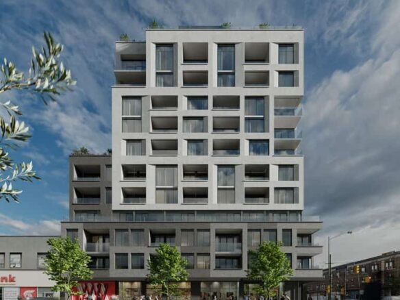 The Motto Condos, a modern multi-story apartment building with various angular shapes and large windows, stands under a partly cloudy sky. There are trees, people walking, and a shop with a red awning at street level. A branch with leaves frames the image on the left, adding charm to this real estate gem.