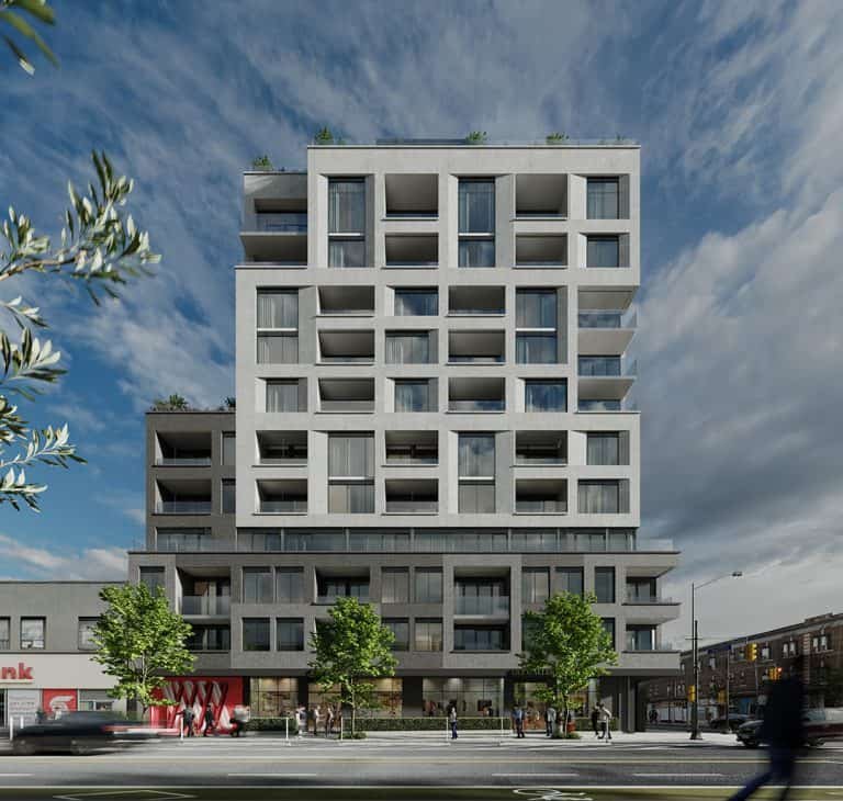 The Motto Condos, a modern multi-story apartment building with various angular shapes and large windows, stands under a partly cloudy sky. There are trees, people walking, and a shop with a red awning at street level. A branch with leaves frames the image on the left, adding charm to this real estate gem.