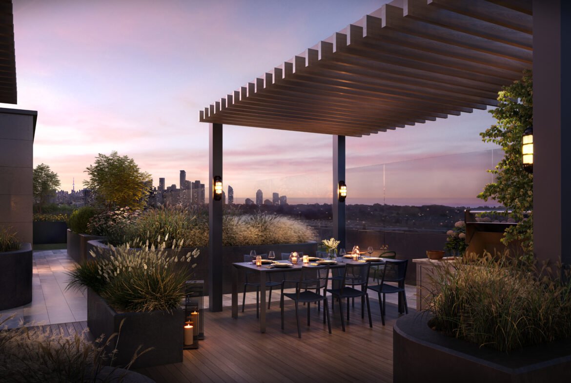 A rooftop terrace at twilight featuring an elegant dining area set for a meal, surrounded by lush planters and city skyline views under a wooden pergola, offered by Sg Homes.