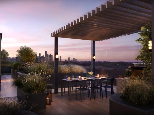 A rooftop terrace at twilight featuring an elegant dining area set for a meal, surrounded by lush planters and city skyline views under a wooden pergola, offered by Sg Homes.