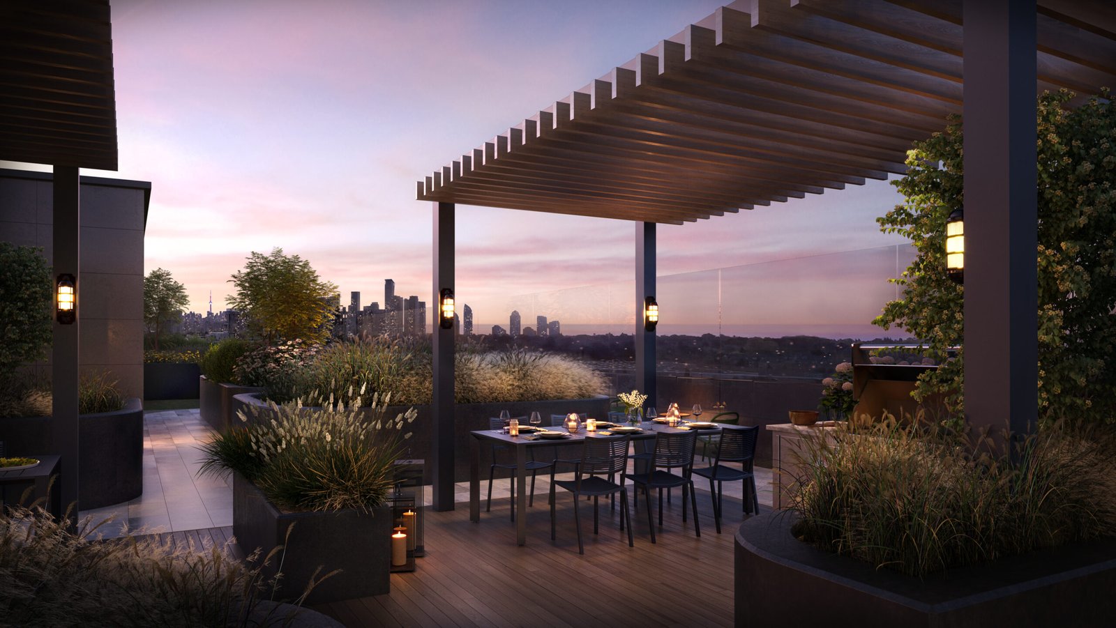 A rooftop terrace at twilight featuring an elegant dining area set for a meal, surrounded by lush planters and city skyline views under a wooden pergola, offered by Sg Homes.
